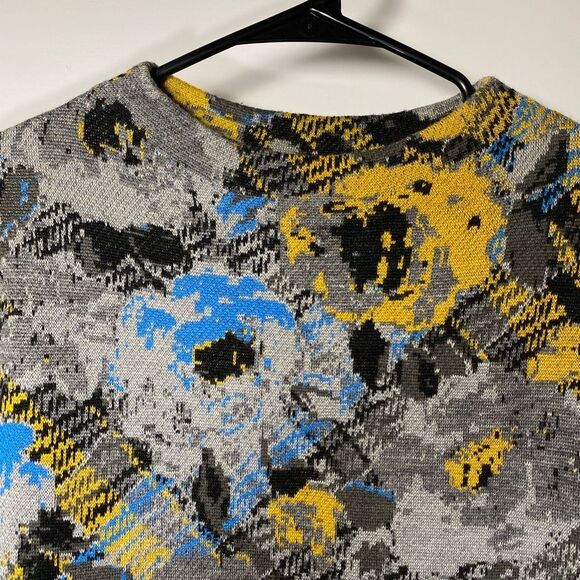 Anthropologie Troubadour | Floral Plaid Mock Neck Sweater Gray Yellow Small - Picture 3 of 6
